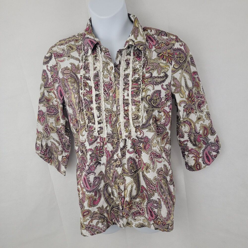 BANDOLINO Womens Button Front Shirt Sz M Paisley Lace Ruffle Career Boho Artsy